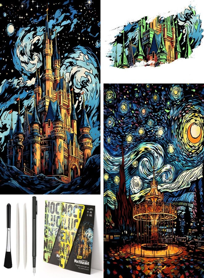 AP ARTSPER 2 Pack Night Glow Scratch Art Rainbow Painting Paper, Magic Glow-in-the-Dark Scraping, Van Gogh Style Creative Craft Set, Fun DIY Toy Sketch Card Scratchboard for Kids, Adults (Amusement Park/Castle) - Image 1